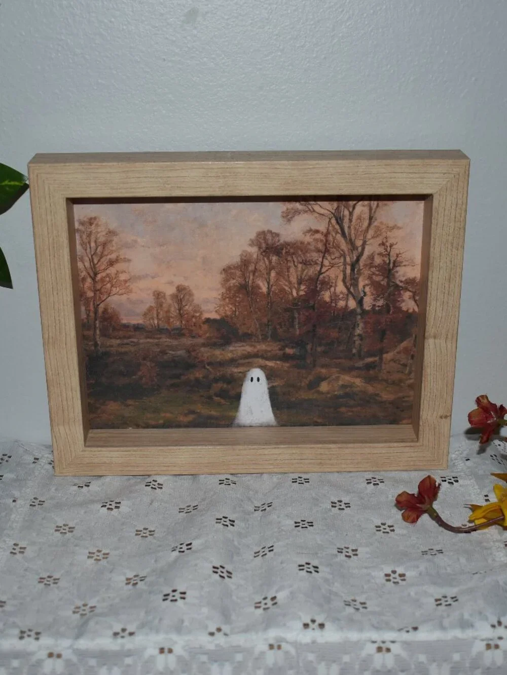 Cottage Farmhouse Framed Ghost Forest Picture Wall Art Fall Halloween Decor